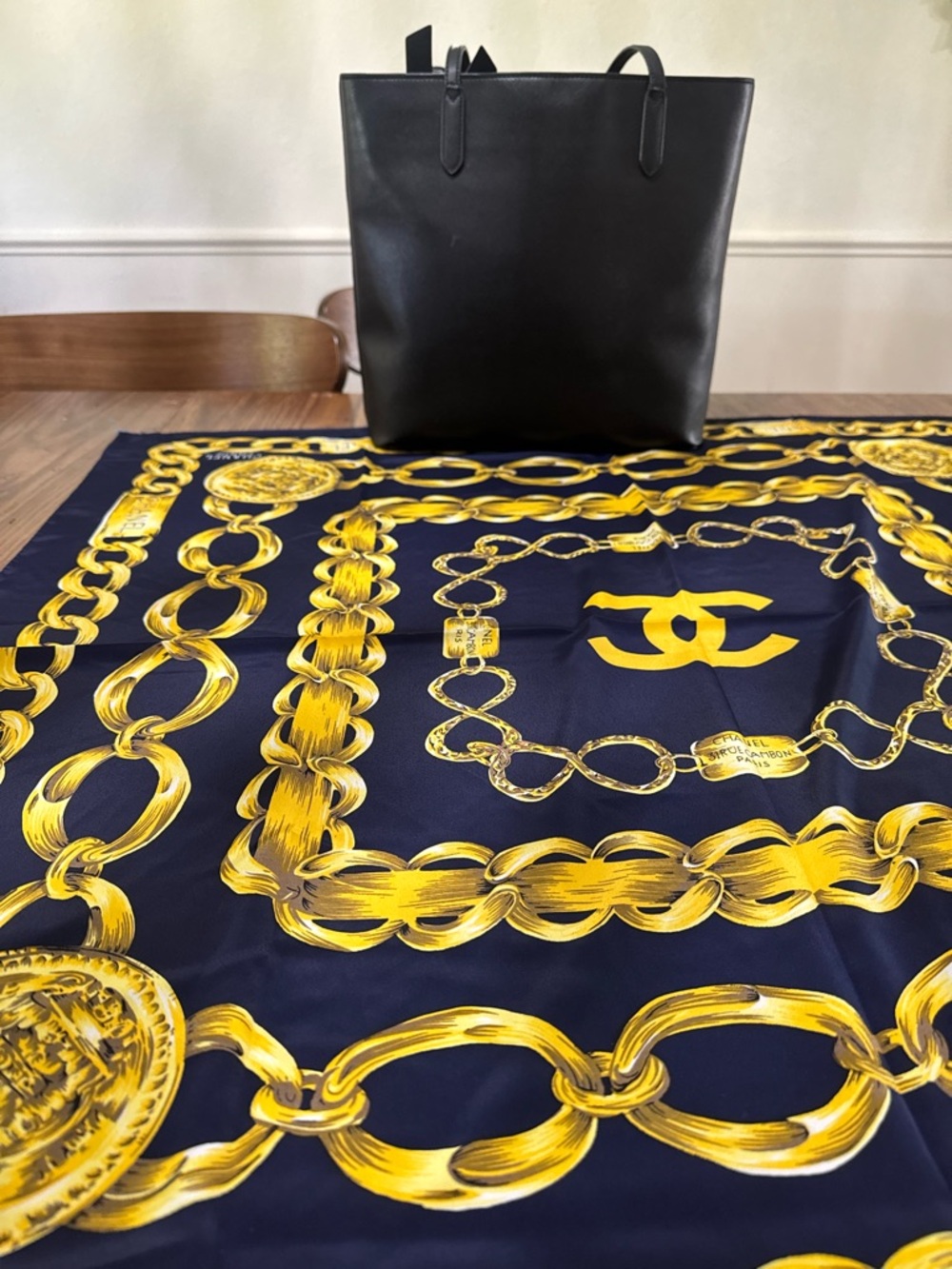 Navy & Gold Chain Print Silk Scarf Luxury Style Square Scarf - Picture 9 of 11